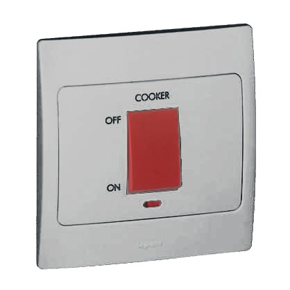 Legrand - 281272 - Mallia™ Double pole Switch 1-Gang 1-Way 45A 250V W/ Red indicator & Cooker marking Silver.