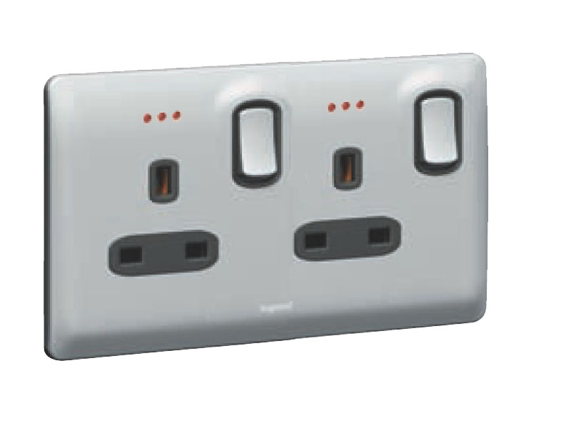 Legrand - 731071 - Synergy® British Standard Double pole Socket outlet 2-Gang Switched, LED Indicator, 13A 250V Silver.