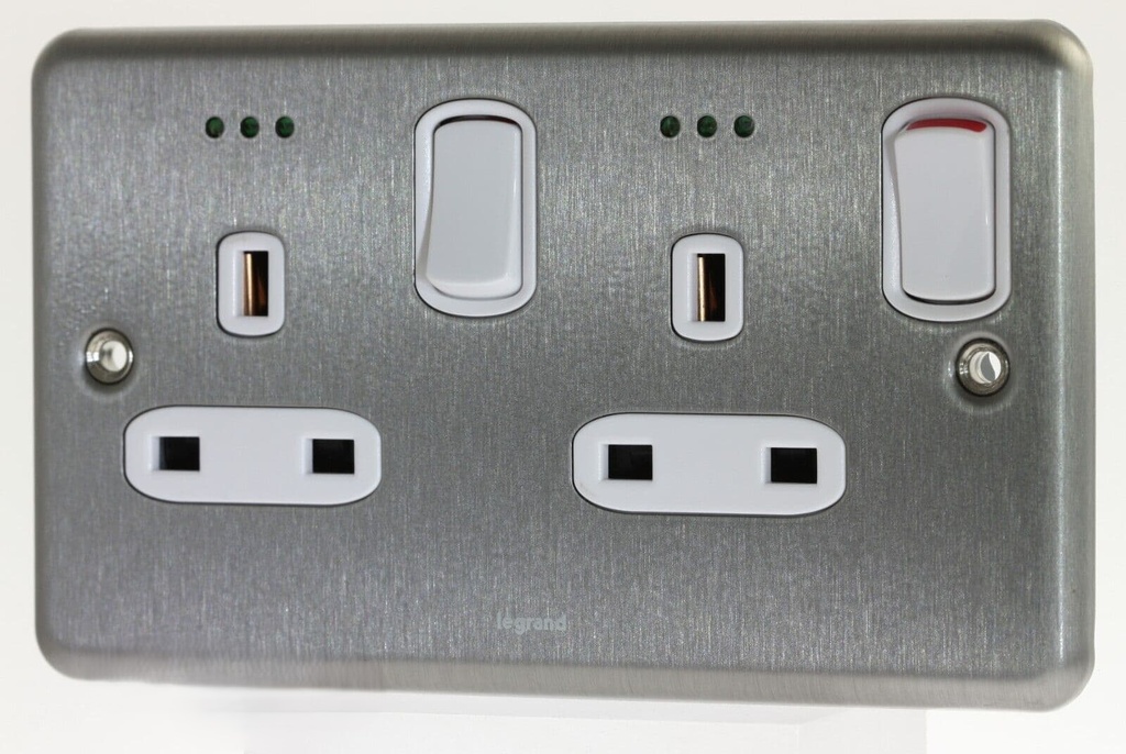 Legrand - 733071 - Synergy B/Steel 13a Twin D/Pole Switched Skt + LED