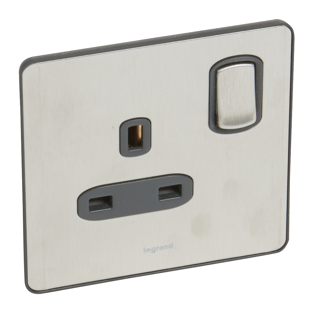 Legrand -832060 - Synergy™ Sleek - 1 gang switched double pole BS socket outlet 13A - Brushed Stainless Steel