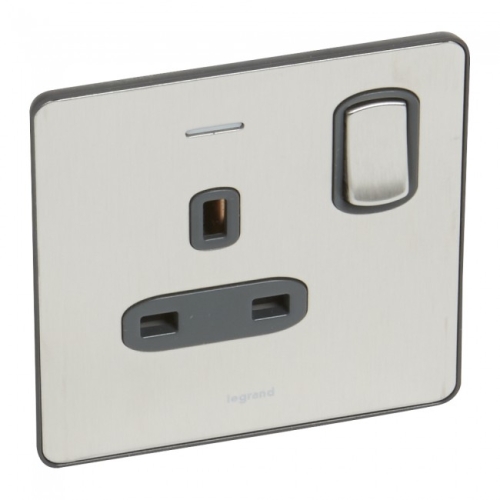 Legrand - 734661 - Synergy DP socket outlet 13A 250V 1-Gang switched + Led brushed stainless steel.