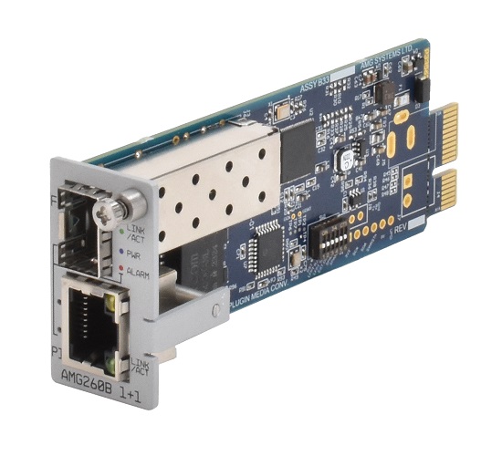 AMG - AMG260B-1G-1S - Industrial Media Converter Blade Card 1-Port RJ45 10/100/1000Base-Tx, 1-Port SFP 100/1000Base-Fx, DIP-Switch, Blade Mount 1-Slot, (-40° to +75°c), Blade Rack Power Input.