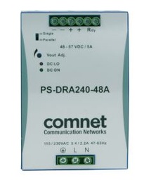 [PS-DRA240-48A] Comnet - PS-DRA240-48A - Power Supply 48VDC 240Watt (5A) DIN-Rail High Temp (-40⁰C ~ +71⁰C, -40⁰C Start-Up), Screw Terminals.