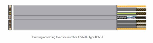 [192453] Datwyler Cables - 192453 - Dynofil FM, PVC Elevator Cable Flat Mid Rise Max 150 Mtr, Steel Supported Datwyler Type 8884-F 8x0.75 mm2 + 4 FO MM OM2 G50/125 Sheath: grey (RAL 7004) Standard: with ref. to EN 50214.