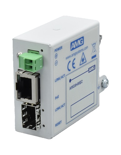 [AMG9HMEC-1GH-1S-P30] AMG - AMG9HMEC-1GH-1S-P30 - Mini Industrial Media Converter 1-Port RJ45 PoE+ 10/100/1000BaseTx 802.3at 30Watt, 1-Port SFP 1000BaseFx, DIN Rail & Wall Mount, (-40° to +75°c), 48-56Vdc Power Input. *PSU & SFP Not Included