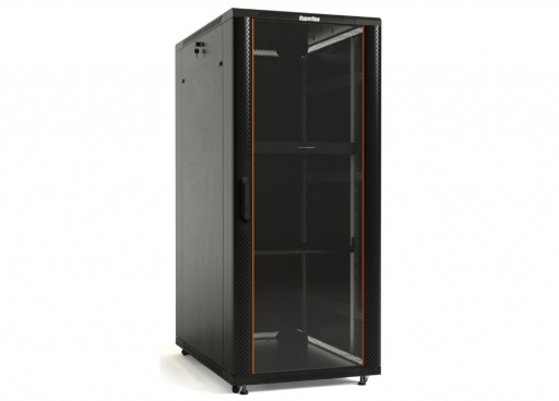 [149F278-10-XX] NetX - 149F278-10-XX - 27U 800x1000 UNIVERSAL LINE CABINET FSC-BLACK, FRONT GLASS / PERFORATED METAL DOOR, REAR PERFORATED METAL DOOR, SIDE PANELS, 4WAY FAN, FIXED SHELF, 2x VERTICAL CABLE MANAGER.