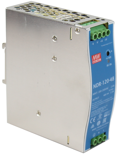 [NDR-120-48] MEAN WELL - NDR-120-48 - Industrial Power Supply, DIN-Rail AC-DC, Single Output 48Vdc at 2.5A, 120W Single Output, 110/230 input 90-264V, Enclosed Metal, NDR Series, DIN RAIL, 5-Year Warranty.
