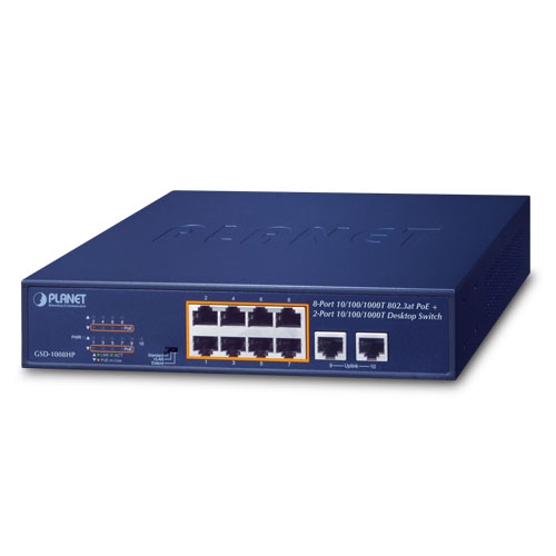[GSD-1008HP] PLANET - GSD-1008HP - Desktop Switch 8-Port 10/100/1000T 802.3af/at PoE+, 2-Port 10/100/1000T, 9" 1U RM Rack mount, Max POE 120w.
