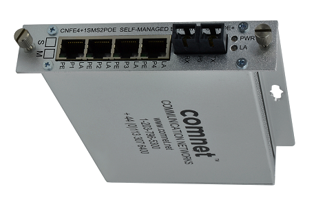 [CNFE4+1SMSS2POE] Comnet - CNFE4+1SMSS2POE - 5 Port 10/100 Mbps Ethernet Self-managed Switch 1FX, with PoE+ on 4TX, 2 Fiber, Single Mode 9/125μm, 16 dB, up to 48 km (30 mi).*PSU PS48VDC-5A sold separately