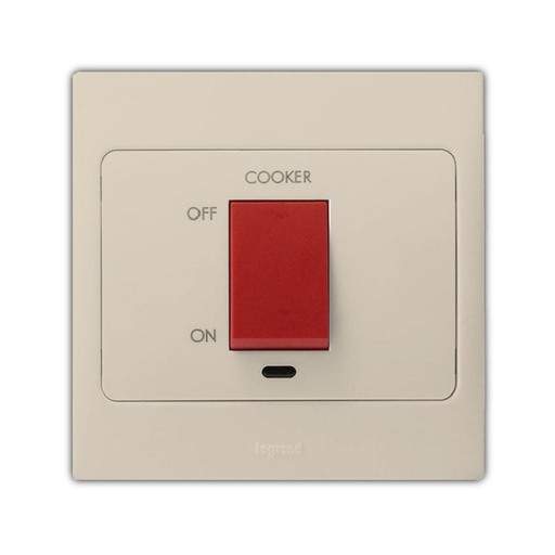 [281472] Legrand - 281472 - Mallia™ Double pole switch 1-Gang 1-Way 45A 250V W/ Red indicator & Cooker marking Champagne.
