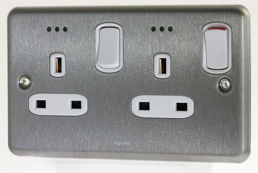 [733071] Legrand - 733071 - Synergy B/Steel 13a Twin D/Pole Switched Skt + LED