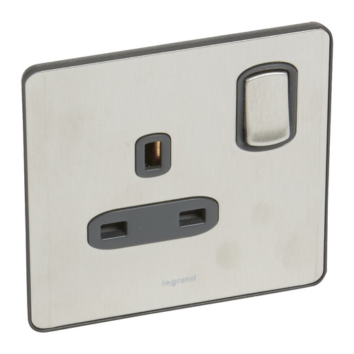 [832060] Legrand -832060 - Synergy™ Sleek - 1 gang switched double pole BS socket outlet 13A - Brushed Stainless Steel