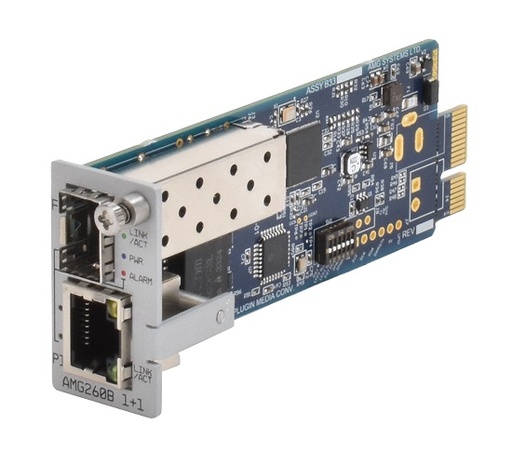 [AMG260B-1G-1S] AMG - AMG260B-1G-1S - Industrial Media Converter Blade Card 1-Port RJ45 10/100/1000Base-Tx, 1-Port SFP 100/1000Base-Fx, DIP-Switch, Blade Mount 1-Slot, (-40° to +75°c), Blade Rack Power Input.